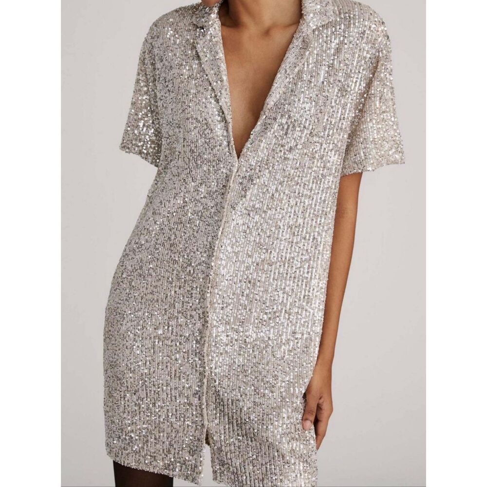 Anthropologie Sunday in Brooklyn Sequin Mini Shirtdress Silver Medium Party - Picture 5 of 8